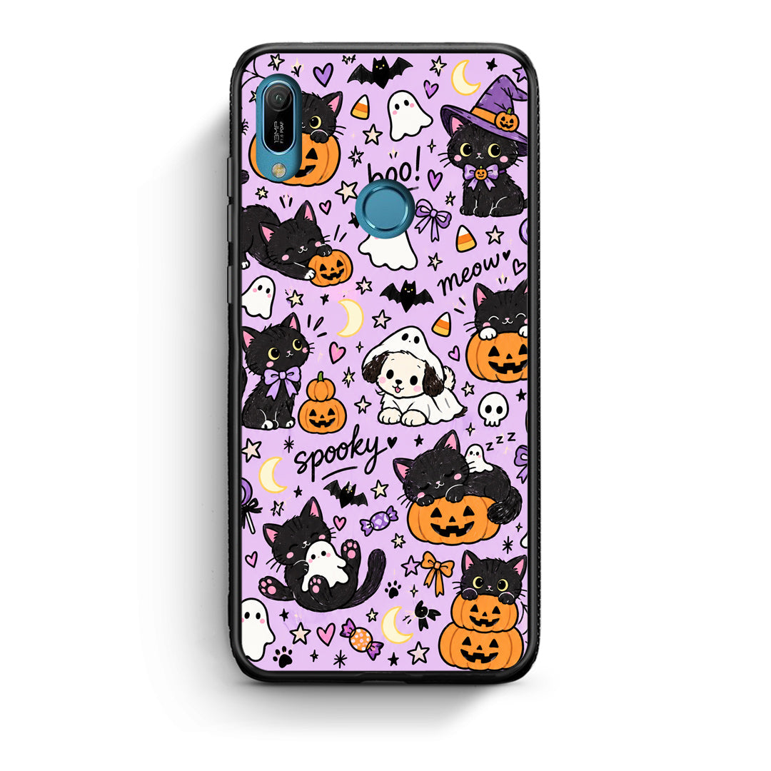 Θήκη Huawei Y6 2019 Halloween Black Cats on Lilac από τη Smartfits με σχέδιο στο πίσω μέρος και μαύρο περίβλημα | Huawei Y6 2019 Halloween Black Cats on Lilac case with colorful back and black bezels