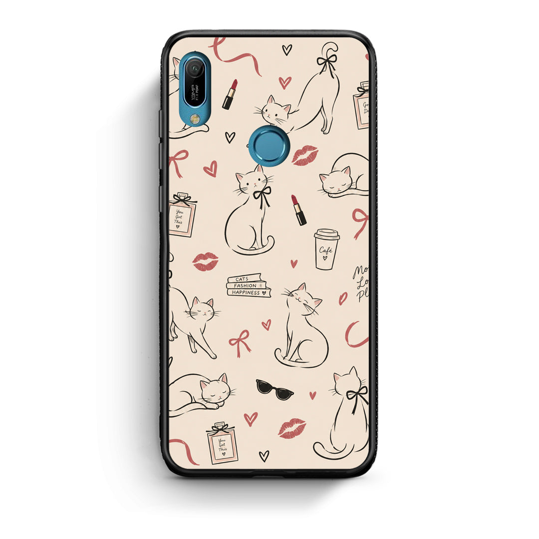 Θήκη Huawei Y6 2019 Minimal Cat and Fashion Doodles on Cream από τη Smartfits με σχέδιο στο πίσω μέρος και μαύρο περίβλημα | Huawei Y6 2019 Minimal Cat and Fashion Doodles on Cream case with colorful back and black bezels