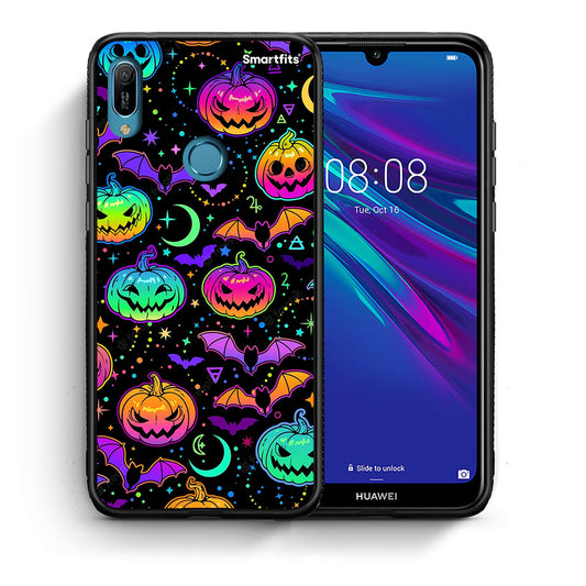Θήκη Huawei Y6 2019 Neon Halloween από τη Smartfits με σχέδιο στο πίσω μέρος και μαύρο περίβλημα | Huawei Y6 2019 Neon Halloween case with colorful back and black bezels