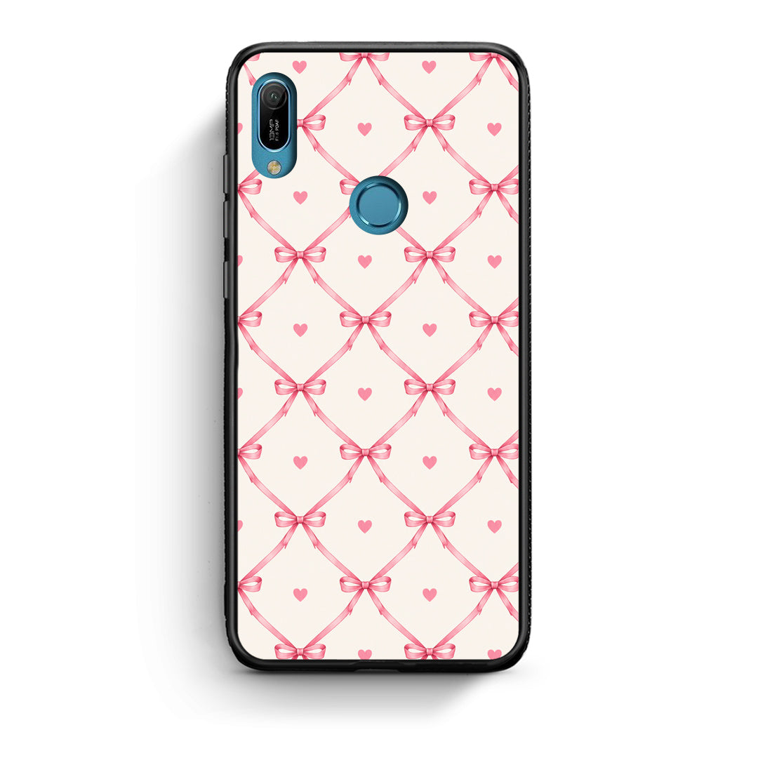 Θήκη Huawei Y6 2019 Pink Bow Lattice and Hearts on Cream από τη Smartfits με σχέδιο στο πίσω μέρος και μαύρο περίβλημα | Huawei Y6 2019 Pink Bow Lattice and Hearts on Cream case with colorful back and black bezels