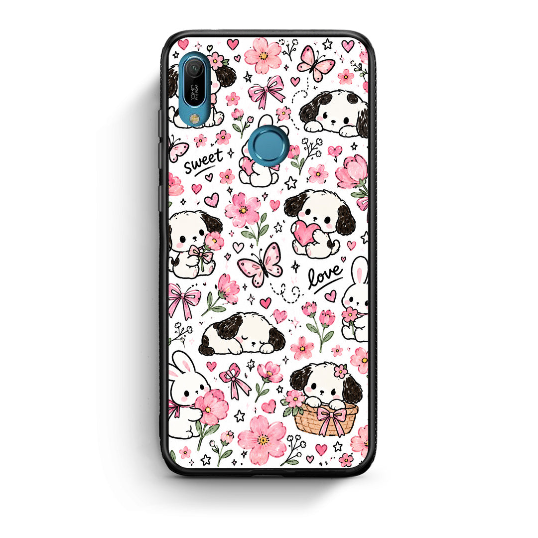 Θήκη Huawei Y6 2019 Pink Florals Puppies and Bunnies on White από τη Smartfits με σχέδιο στο πίσω μέρος και μαύρο περίβλημα | Huawei Y6 2019 Pink Florals Puppies and Bunnies on White case with colorful back and black bezels