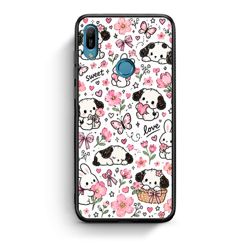 Θήκη Huawei Y6 2019 Pink Florals Puppies and Bunnies on White από τη Smartfits με σχέδιο στο πίσω μέρος και μαύρο περίβλημα | Huawei Y6 2019 Pink Florals Puppies and Bunnies on White case with colorful back and black bezels