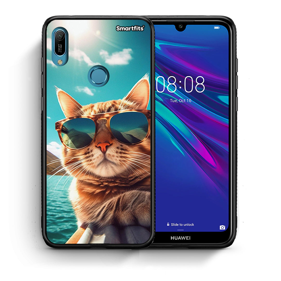 Θήκη Huawei Y6 2019 Summer Cat από τη Smartfits με σχέδιο στο πίσω μέρος και μαύρο περίβλημα | Huawei Y6 2019 Summer Cat case with colorful back and black bezels