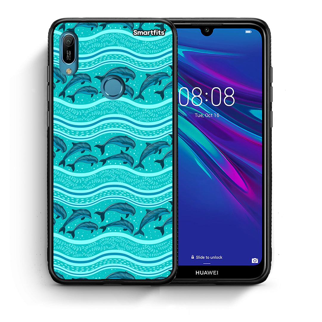 Θήκη Huawei Y6 2019 Swimming Dolphins από τη Smartfits με σχέδιο στο πίσω μέρος και μαύρο περίβλημα | Huawei Y6 2019 Swimming Dolphins case with colorful back and black bezels