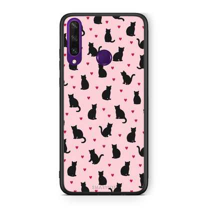 Θήκη Huawei Y6p Black Cat Silhouettes and Hearts on Pink από τη Smartfits με σχέδιο στο πίσω μέρος και μαύρο περίβλημα | Huawei Y6p Black Cat Silhouettes and Hearts on Pink case with colorful back and black bezels
