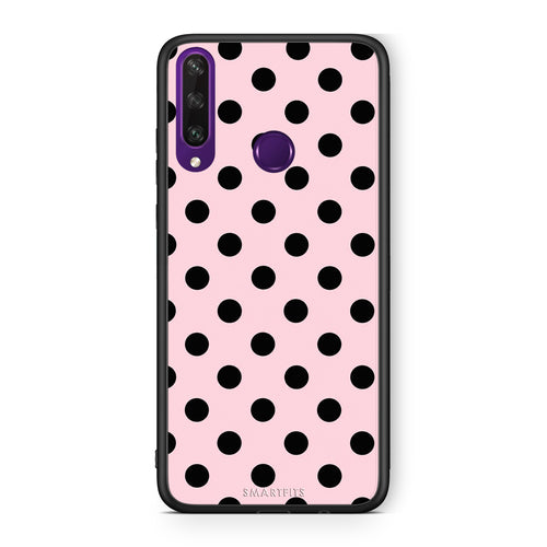 Θήκη Huawei Y6p Black Polka Dots on Pink από τη Smartfits με σχέδιο στο πίσω μέρος και μαύρο περίβλημα | Huawei Y6p Black Polka Dots on Pink case with colorful back and black bezels