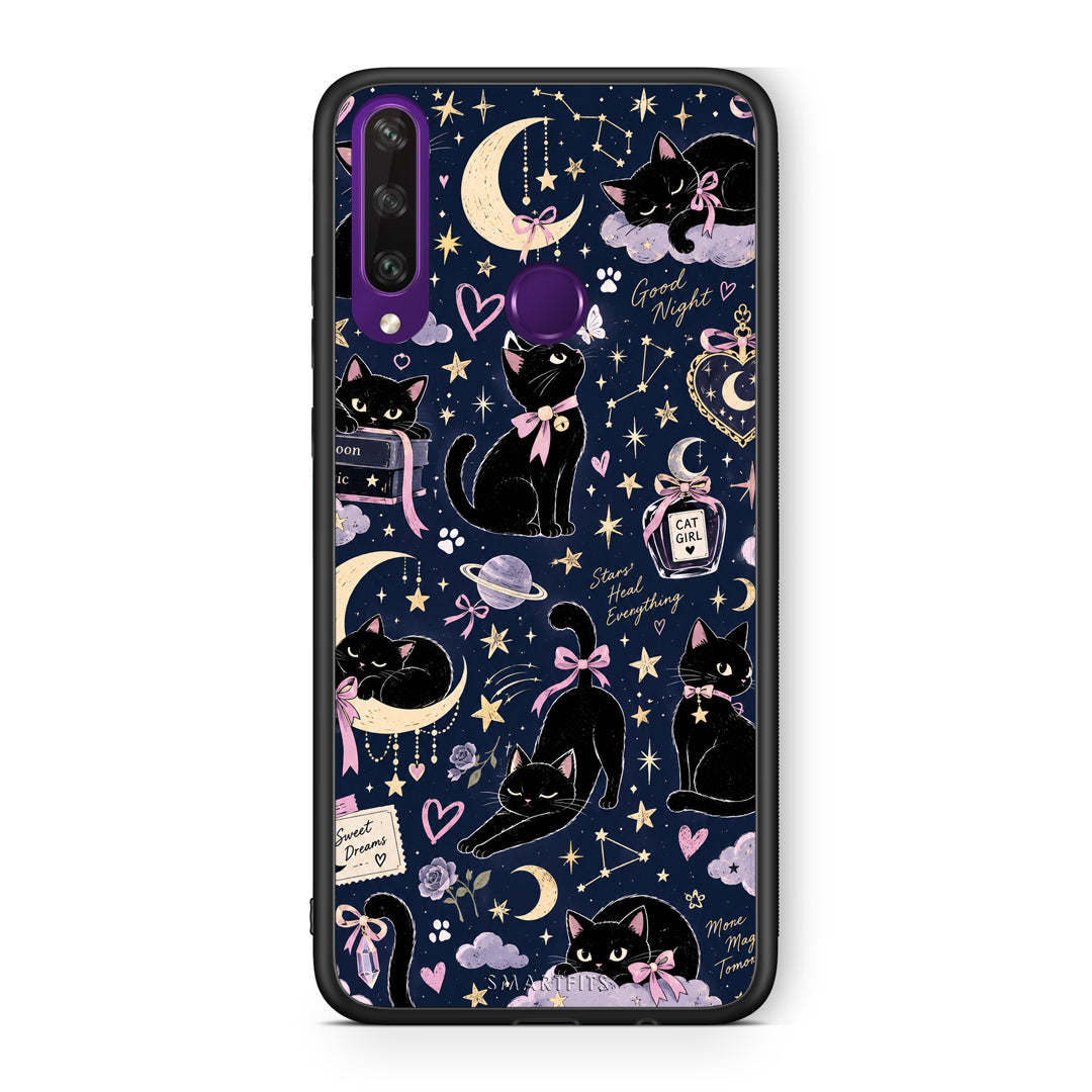 Θήκη Huawei Y6p Celestial Black Cats on Navy από τη Smartfits με σχέδιο στο πίσω μέρος και μαύρο περίβλημα | Huawei Y6p Celestial Black Cats on Navy case with colorful back and black bezels
