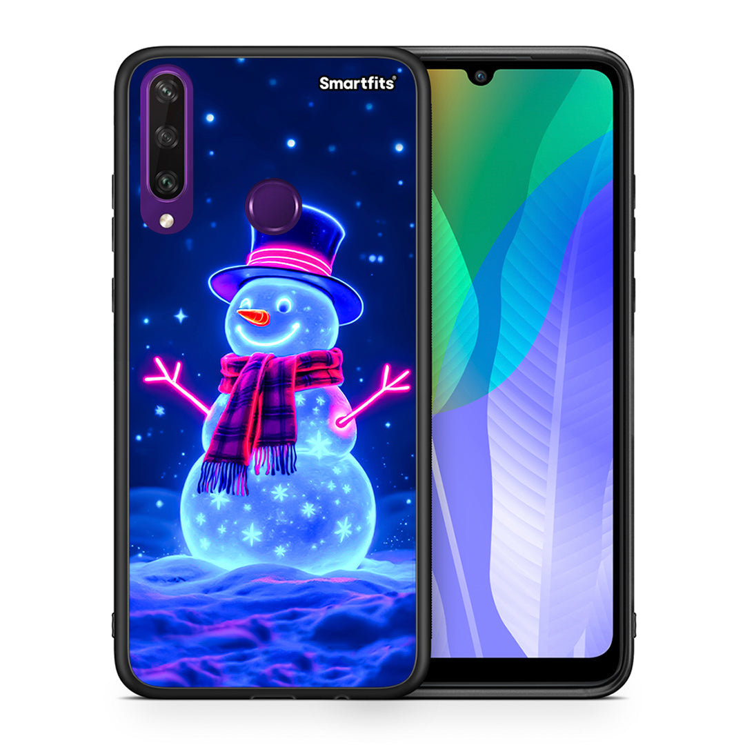 Θήκη Huawei Y6p Christmas Neon Snowman από τη Smartfits με σχέδιο στο πίσω μέρος και μαύρο περίβλημα | Huawei Y6p Christmas Neon Snowman case with colorful back and black bezels