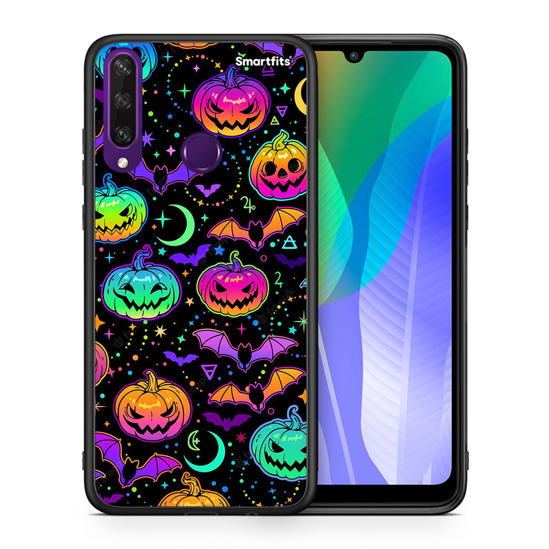 Θήκη Huawei Y6p Neon Halloween από τη Smartfits με σχέδιο στο πίσω μέρος και μαύρο περίβλημα | Huawei Y6p Neon Halloween case with colorful back and black bezels