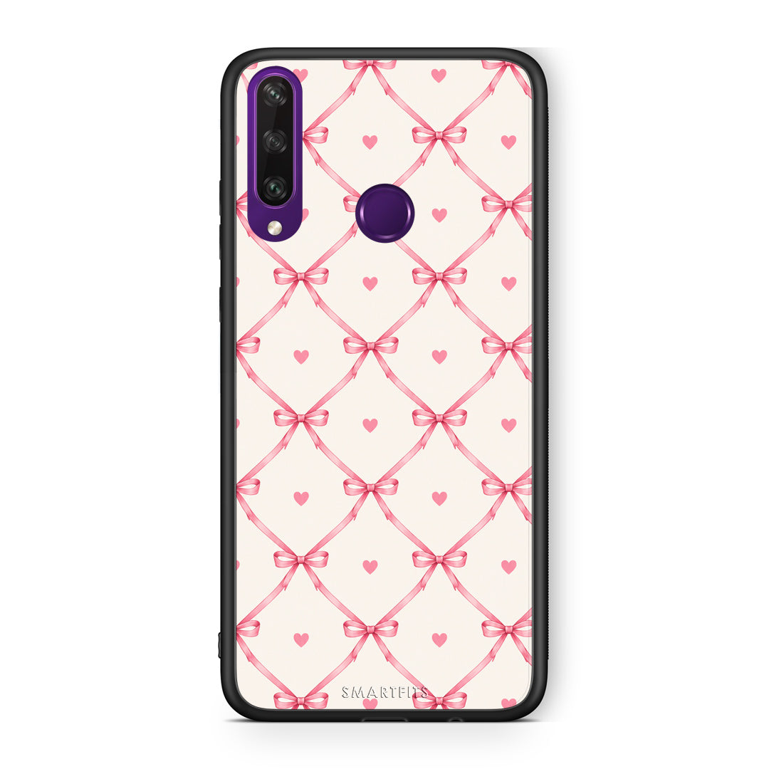 Θήκη Huawei Y6p Pink Bow Lattice and Hearts on Cream από τη Smartfits με σχέδιο στο πίσω μέρος και μαύρο περίβλημα | Huawei Y6p Pink Bow Lattice and Hearts on Cream case with colorful back and black bezels
