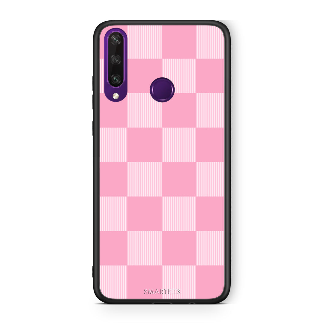 Θήκη Huawei Y6p Pink and White Striped Checks από τη Smartfits με σχέδιο στο πίσω μέρος και μαύρο περίβλημα | Huawei Y6p Pink and White Striped Checks case with colorful back and black bezels