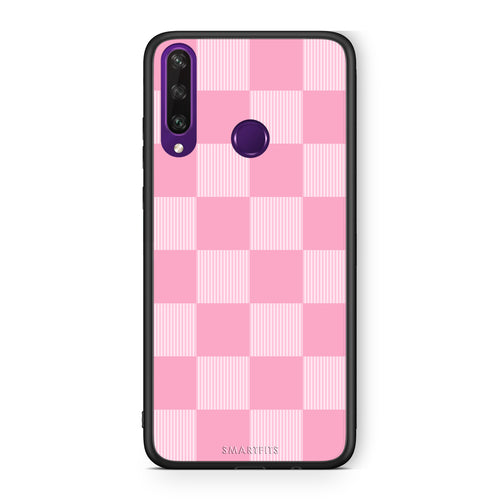 Θήκη Huawei Y6p Pink and White Striped Checks από τη Smartfits με σχέδιο στο πίσω μέρος και μαύρο περίβλημα | Huawei Y6p Pink and White Striped Checks case with colorful back and black bezels