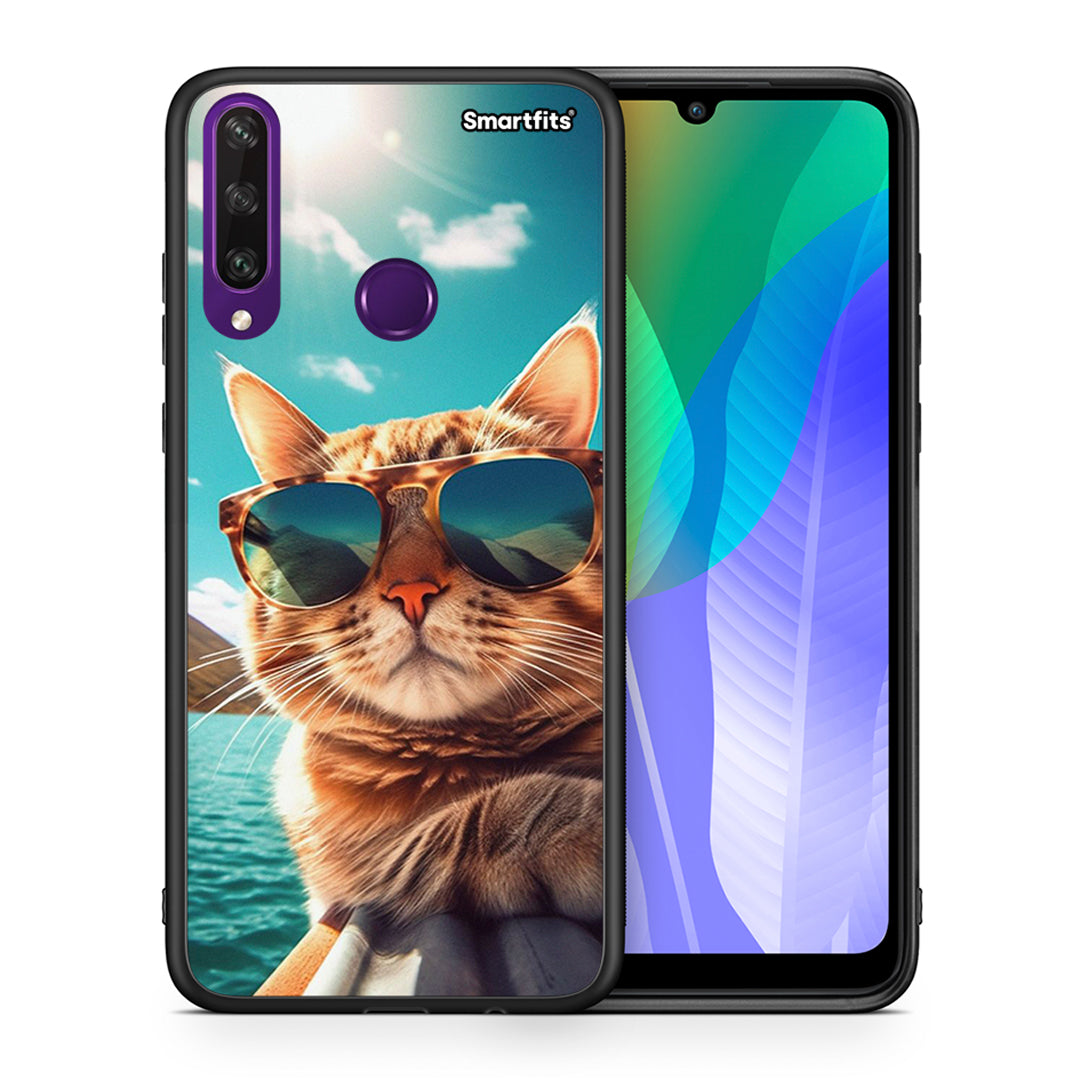 Θήκη Huawei Y6p Summer Cat από τη Smartfits με σχέδιο στο πίσω μέρος και μαύρο περίβλημα | Huawei Y6p Summer Cat case with colorful back and black bezels