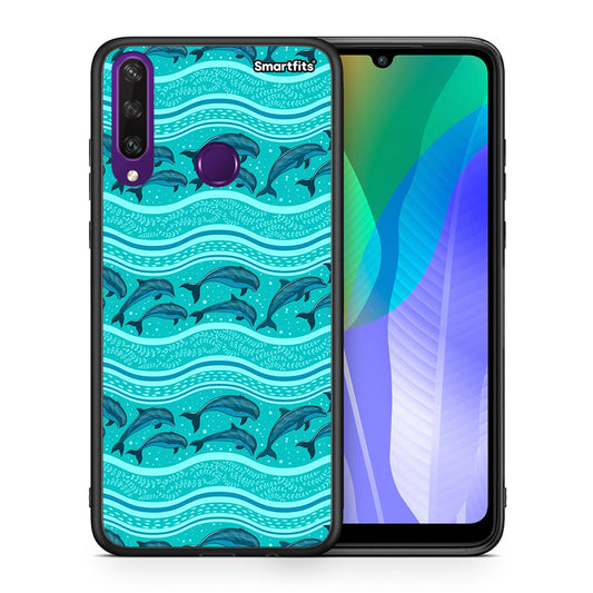 Θήκη Huawei Y6p Swimming Dolphins από τη Smartfits με σχέδιο στο πίσω μέρος και μαύρο περίβλημα | Huawei Y6p Swimming Dolphins case with colorful back and black bezels