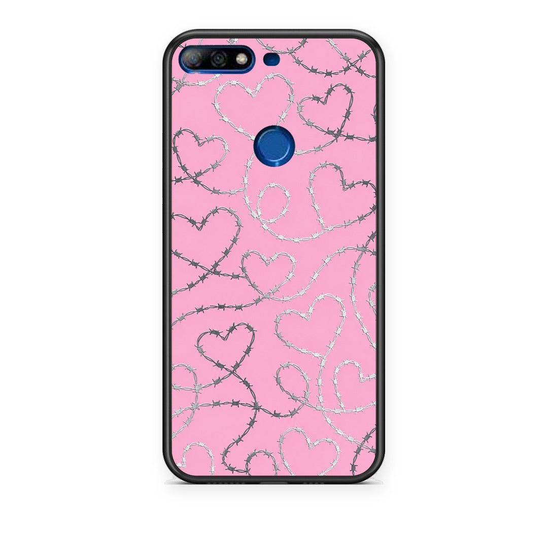 Θήκη Huawei Y7 2018 / Prime Y7 2018 / Honor 7C Barbed Wire Hearts on Pink από τη Smartfits με σχέδιο στο πίσω μέρος και μαύρο περίβλημα | Huawei Y7 2018 / Prime Y7 2018 / Honor 7C Barbed Wire Hearts on Pink case with colorful back and black bezels