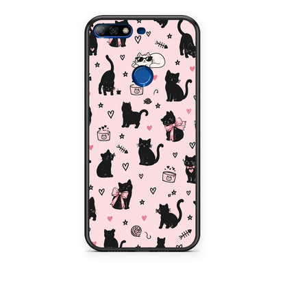 Θήκη Huawei Y7 2018 / Prime Y7 2018 / Honor 7C Black Cat Doodles on Pink από τη Smartfits με σχέδιο στο πίσω μέρος και μαύρο περίβλημα | Huawei Y7 2018 / Prime Y7 2018 / Honor 7C Black Cat Doodles on Pink case with colorful back and black bezels