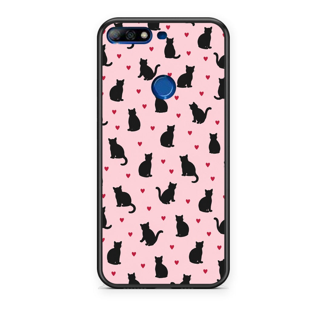 Θήκη Huawei Y7 2018 / Prime Y7 2018 / Honor 7C Black Cat Silhouettes and Hearts on Pink από τη Smartfits με σχέδιο στο πίσω μέρος και μαύρο περίβλημα | Huawei Y7 2018 / Prime Y7 2018 / Honor 7C Black Cat Silhouettes and Hearts on Pink case with colorful back and black bezels