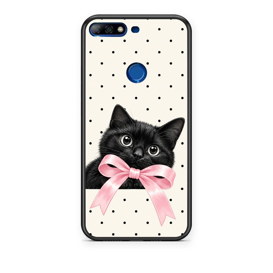 Θήκη Huawei Y7 2018 / Prime Y7 2018 / Honor 7C Black Kitten Pink Bow and Polka Dots από τη Smartfits με σχέδιο στο πίσω μέρος και μαύρο περίβλημα | Huawei Y7 2018 / Prime Y7 2018 / Honor 7C Black Kitten Pink Bow and Polka Dots case with colorful back and black bezels