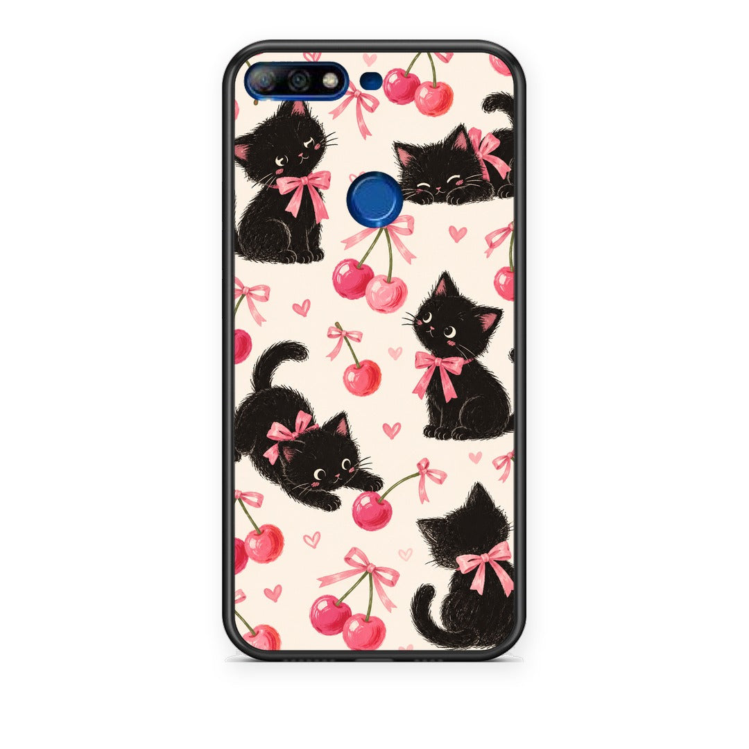 Θήκη Huawei Y7 2018 / Prime Y7 2018 / Honor 7C Black Kittens and Cherries on Cream από τη Smartfits με σχέδιο στο πίσω μέρος και μαύρο περίβλημα | Huawei Y7 2018 / Prime Y7 2018 / Honor 7C Black Kittens and Cherries on Cream case with colorful back and black bezels