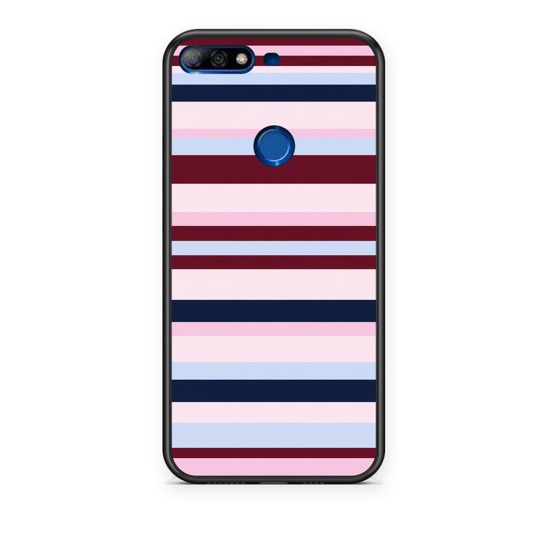 Θήκη Huawei Y7 2018 / Prime Y7 2018 / Honor 7C Burgundy Pink and Blue Horizontal Stripes από τη Smartfits με σχέδιο στο πίσω μέρος και μαύρο περίβλημα | Huawei Y7 2018 / Prime Y7 2018 / Honor 7C Burgundy Pink and Blue Horizontal Stripes case with colorful back and black bezels