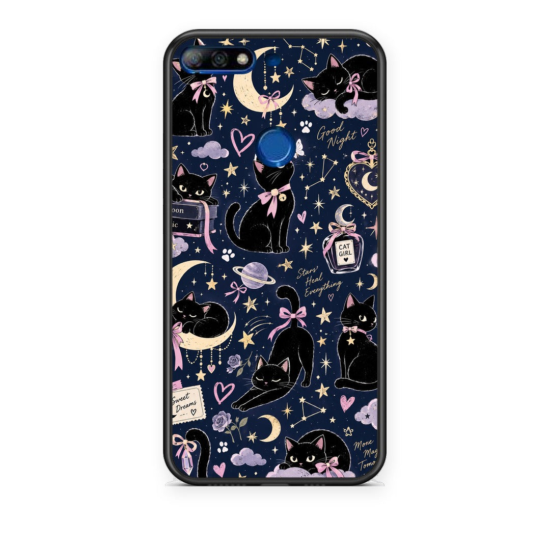Θήκη Huawei Y7 2018 / Prime Y7 2018 / Honor 7C Celestial Black Cats on Navy από τη Smartfits με σχέδιο στο πίσω μέρος και μαύρο περίβλημα | Huawei Y7 2018 / Prime Y7 2018 / Honor 7C Celestial Black Cats on Navy case with colorful back and black bezels