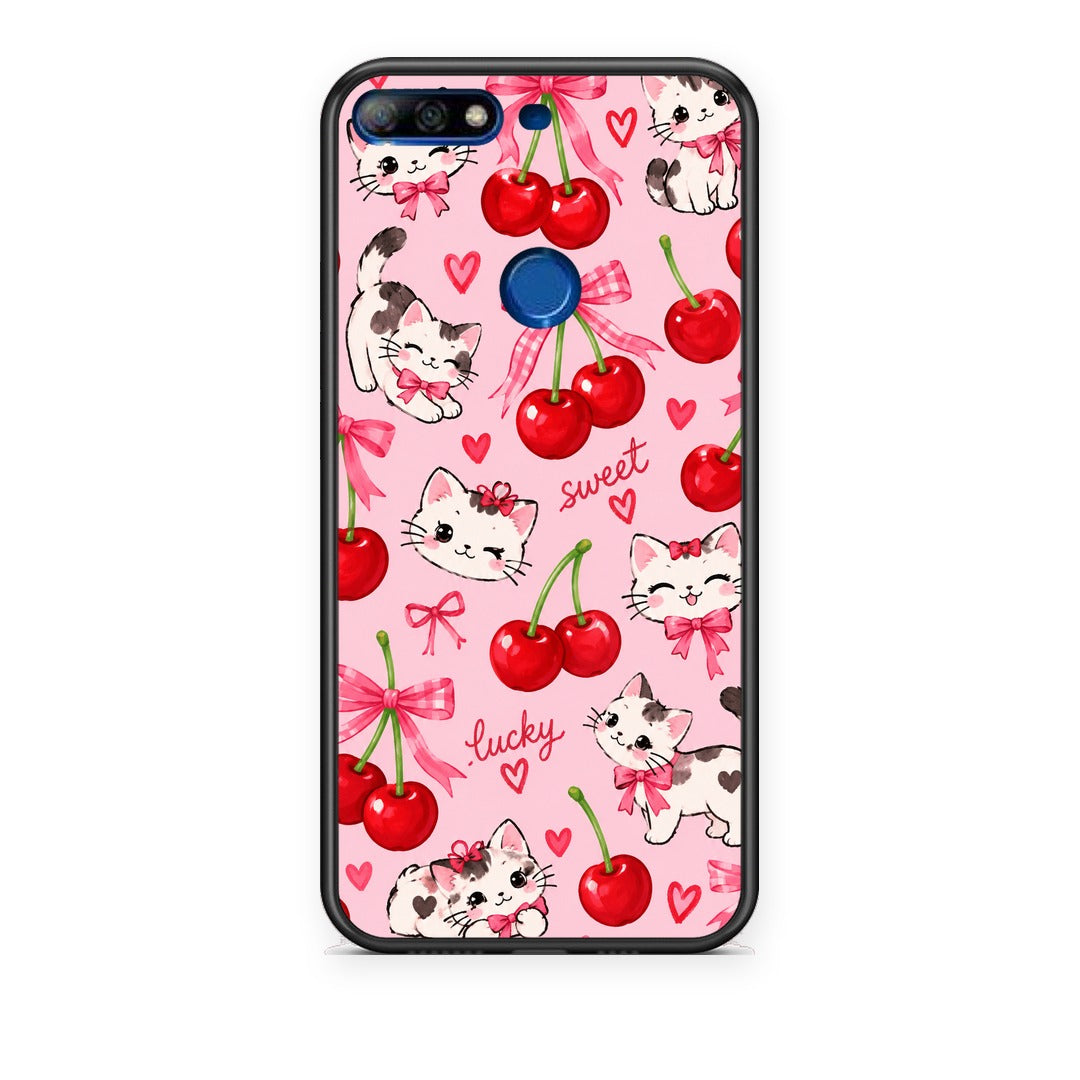 Θήκη Huawei Y7 2018 / Prime Y7 2018 / Honor 7C Cherries Bows and Kittens on Pink από τη Smartfits με σχέδιο στο πίσω μέρος και μαύρο περίβλημα | Huawei Y7 2018 / Prime Y7 2018 / Honor 7C Cherries Bows and Kittens on Pink case with colorful back and black bezels