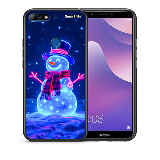 Θήκη Huawei Y7 2018 Christmas Neon Snowman από τη Smartfits με σχέδιο στο πίσω μέρος και μαύρο περίβλημα | Huawei Y7 2018 Christmas Neon Snowman case with colorful back and black bezels