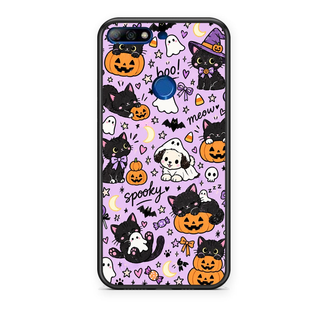 Θήκη Huawei Y7 2018 / Prime Y7 2018 / Honor 7C Halloween Black Cats on Lilac από τη Smartfits με σχέδιο στο πίσω μέρος και μαύρο περίβλημα | Huawei Y7 2018 / Prime Y7 2018 / Honor 7C Halloween Black Cats on Lilac case with colorful back and black bezels