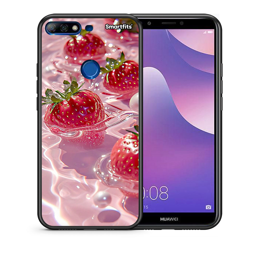 Θήκη Huawei Y7 2018 Juicy Strawberries από τη Smartfits με σχέδιο στο πίσω μέρος και μαύρο περίβλημα | Huawei Y7 2018 Juicy Strawberries case with colorful back and black bezels