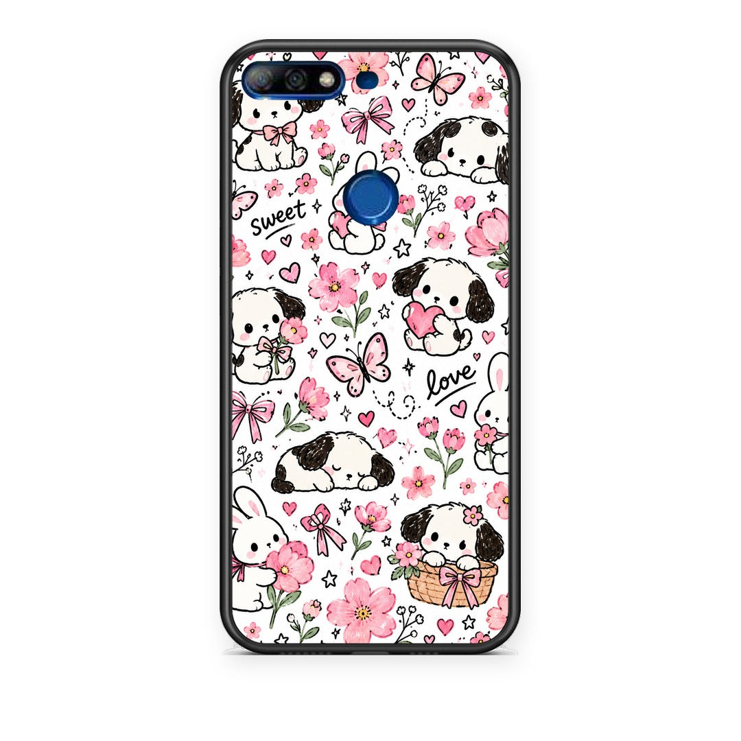 Θήκη Huawei Y7 2018 / Prime Y7 2018 / Honor 7C Pink Florals Puppies and Bunnies on White από τη Smartfits με σχέδιο στο πίσω μέρος και μαύρο περίβλημα | Huawei Y7 2018 / Prime Y7 2018 / Honor 7C Pink Florals Puppies and Bunnies on White case with colorful back and black bezels