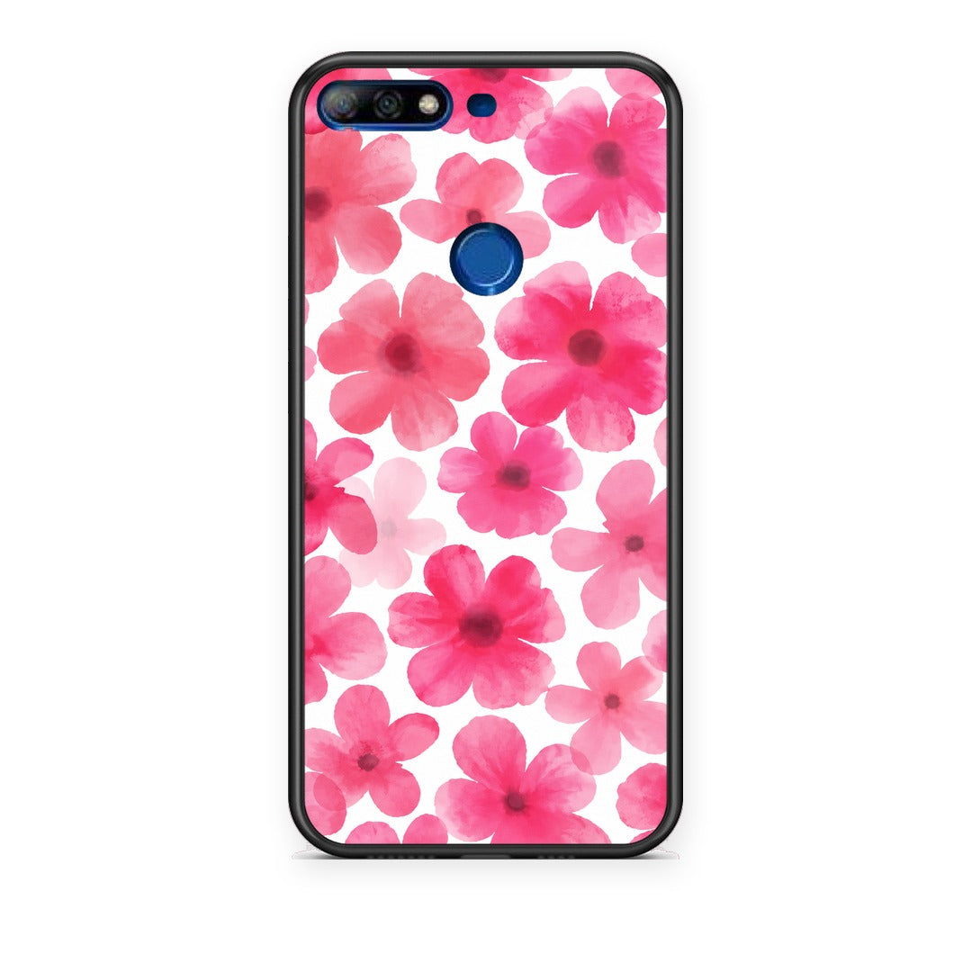 Θήκη Huawei Y7 2018 / Prime Y7 2018 / Honor 7C Pink Watercolour Flowers on White από τη Smartfits με σχέδιο στο πίσω μέρος και μαύρο περίβλημα | Huawei Y7 2018 / Prime Y7 2018 / Honor 7C Pink Watercolour Flowers on White case with colorful back and black bezels