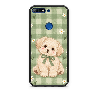 Θήκη Huawei Y7 2018 / Prime Y7 2018 / Honor 7C Puppy and Daisies on Sage Gingham από τη Smartfits με σχέδιο στο πίσω μέρος και μαύρο περίβλημα | Huawei Y7 2018 / Prime Y7 2018 / Honor 7C Puppy and Daisies on Sage Gingham case with colorful back and black bezels