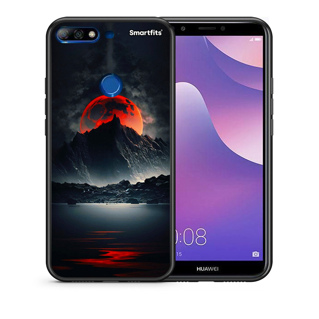 Θήκη Huawei Y7 2018 Red Full Moon από τη Smartfits με σχέδιο στο πίσω μέρος και μαύρο περίβλημα | Huawei Y7 2018 Red Full Moon case with colorful back and black bezels