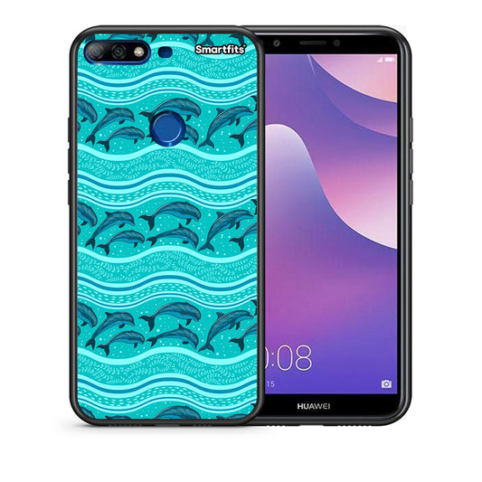 Θήκη Huawei Y7 2018 Swimming Dolphins από τη Smartfits με σχέδιο στο πίσω μέρος και μαύρο περίβλημα | Huawei Y7 2018 Swimming Dolphins case with colorful back and black bezels