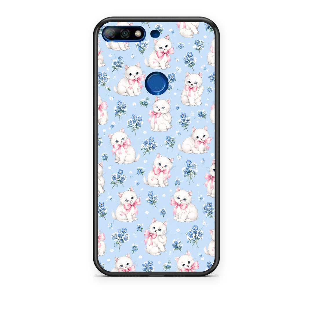 Θήκη Huawei Y7 2018 / Prime Y7 2018 / Honor 7C White Kittens and Blue Flowers Small από τη Smartfits με σχέδιο στο πίσω μέρος και μαύρο περίβλημα | Huawei Y7 2018 / Prime Y7 2018 / Honor 7C White Kittens and Blue Flowers Small case with colorful back and black bezels