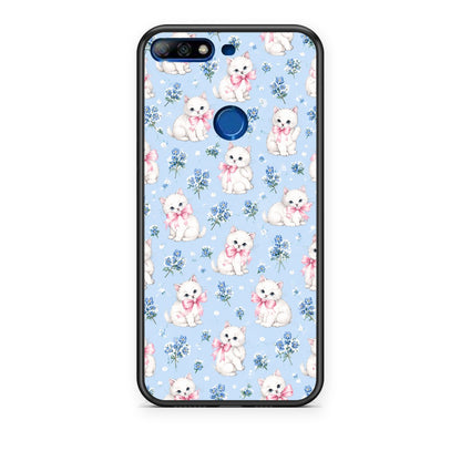Θήκη Huawei Y7 2018 / Prime Y7 2018 / Honor 7C White Kittens and Blue Flowers Small από τη Smartfits με σχέδιο στο πίσω μέρος και μαύρο περίβλημα | Huawei Y7 2018 / Prime Y7 2018 / Honor 7C White Kittens and Blue Flowers Small case with colorful back and black bezels