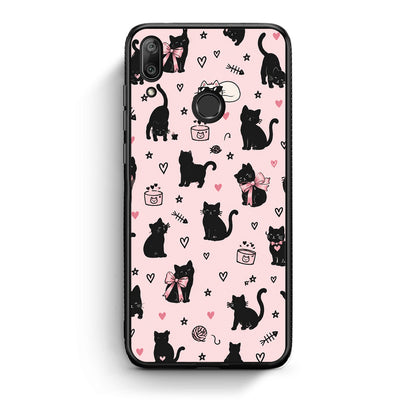 Θήκη Huawei Y7 2019 / Y7 Prime 2019 Black Cat Doodles on Pink από τη Smartfits με σχέδιο στο πίσω μέρος και μαύρο περίβλημα | Huawei Y7 2019 / Y7 Prime 2019 Black Cat Doodles on Pink case with colorful back and black bezels