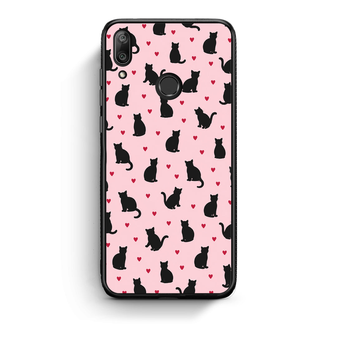 Θήκη Huawei Y7 2019 / Y7 Prime 2019 Black Cat Silhouettes and Hearts on Pink από τη Smartfits με σχέδιο στο πίσω μέρος και μαύρο περίβλημα | Huawei Y7 2019 / Y7 Prime 2019 Black Cat Silhouettes and Hearts on Pink case with colorful back and black bezels
