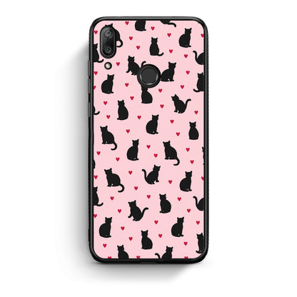Θήκη Huawei Y7 2019 / Y7 Prime 2019 Black Cat Silhouettes and Hearts on Pink από τη Smartfits με σχέδιο στο πίσω μέρος και μαύρο περίβλημα | Huawei Y7 2019 / Y7 Prime 2019 Black Cat Silhouettes and Hearts on Pink case with colorful back and black bezels