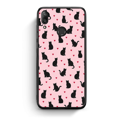 Θήκη Huawei Y7 2019 / Y7 Prime 2019 Black Cat Silhouettes and Hearts on Pink από τη Smartfits με σχέδιο στο πίσω μέρος και μαύρο περίβλημα | Huawei Y7 2019 / Y7 Prime 2019 Black Cat Silhouettes and Hearts on Pink case with colorful back and black bezels