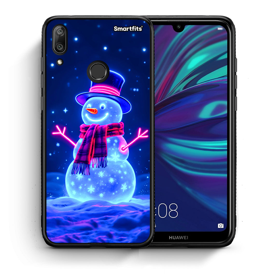 Θήκη Huawei Y7 2019 Christmas Neon Snowman από τη Smartfits με σχέδιο στο πίσω μέρος και μαύρο περίβλημα | Huawei Y7 2019 Christmas Neon Snowman case with colorful back and black bezels