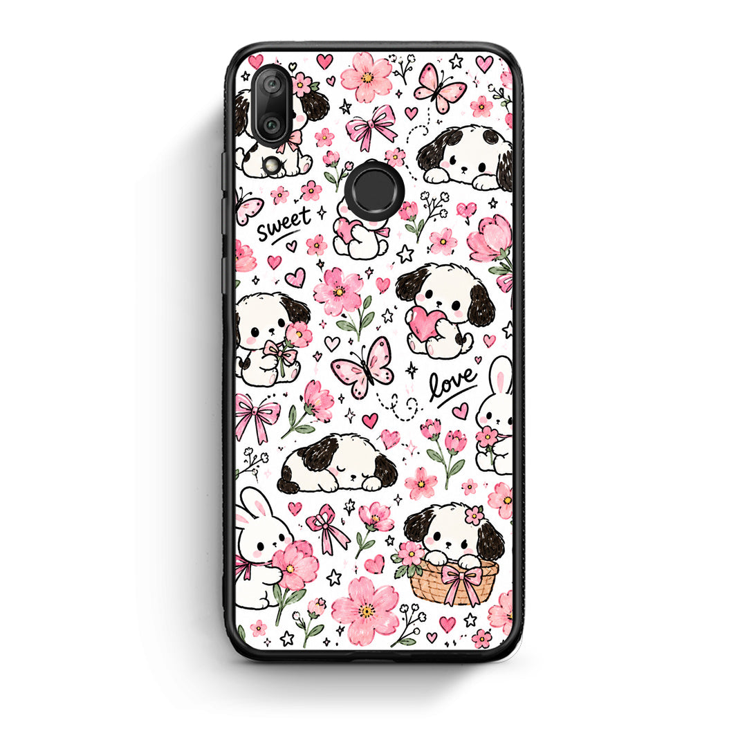 Θήκη Huawei Y7 2019 / Y7 Prime 2019 Pink Florals Puppies and Bunnies on White από τη Smartfits με σχέδιο στο πίσω μέρος και μαύρο περίβλημα | Huawei Y7 2019 / Y7 Prime 2019 Pink Florals Puppies and Bunnies on White case with colorful back and black bezels
