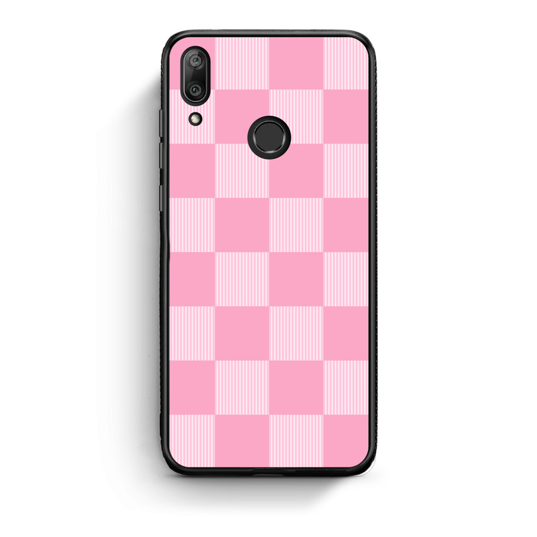 Θήκη Huawei Y7 2019 / Y7 Prime 2019 Pink and White Striped Checks από τη Smartfits με σχέδιο στο πίσω μέρος και μαύρο περίβλημα | Huawei Y7 2019 / Y7 Prime 2019 Pink and White Striped Checks case with colorful back and black bezels