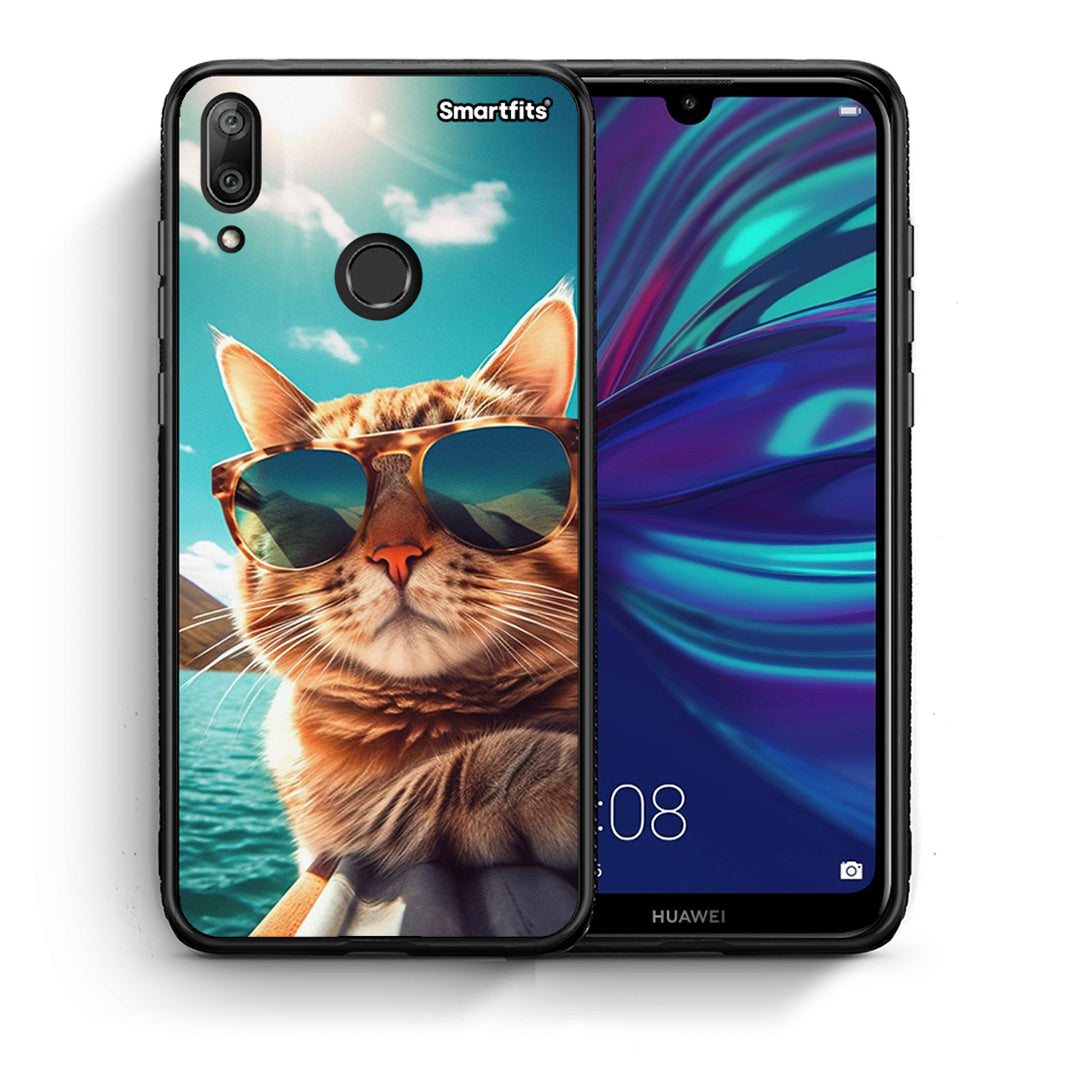 Θήκη Huawei Y7 2019 Summer Cat από τη Smartfits με σχέδιο στο πίσω μέρος και μαύρο περίβλημα | Huawei Y7 2019 Summer Cat case with colorful back and black bezels