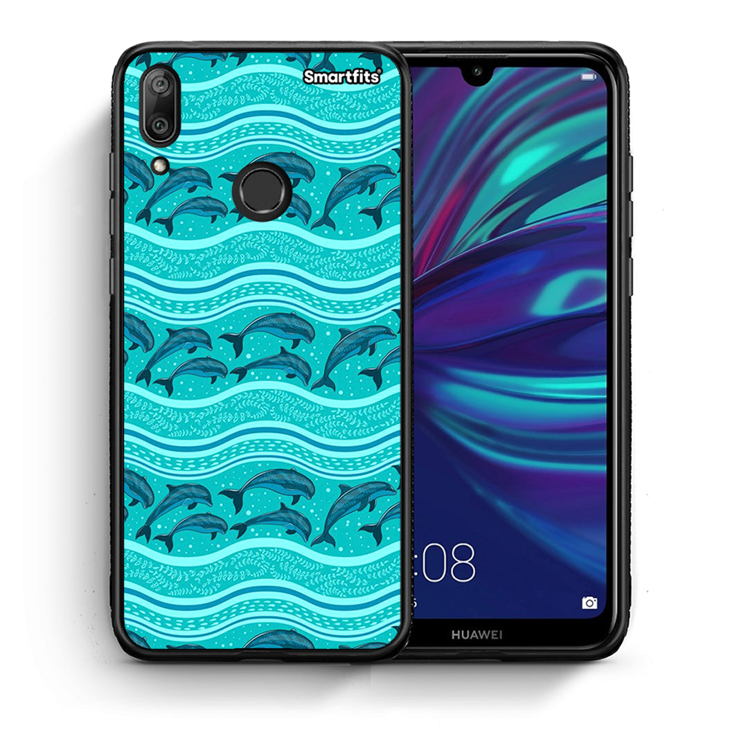 Θήκη Huawei Y7 2019 Swimming Dolphins από τη Smartfits με σχέδιο στο πίσω μέρος και μαύρο περίβλημα | Huawei Y7 2019 Swimming Dolphins case with colorful back and black bezels