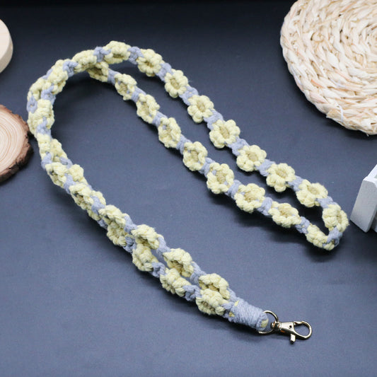 Macramé Floral Phone Strap Long Version Με 1 Γαντζάκι - Γκρι / Κίτρινο