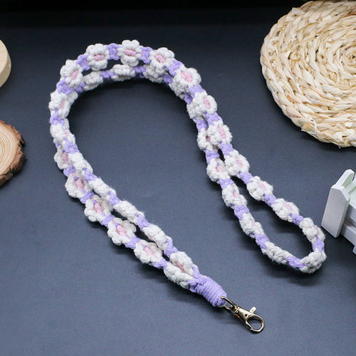 Macramé Floral Phone Strap Long Version Με 1 Γαντζάκι - Λιλά / Λευκό