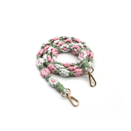 Macramé Floral Phone Strap Long Version Με 2 Γαντζάκια - Πράσινο / Ροζ