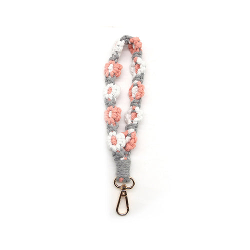 Macramé Floral Phone Strap Short Version - Γκρι / Ροζ