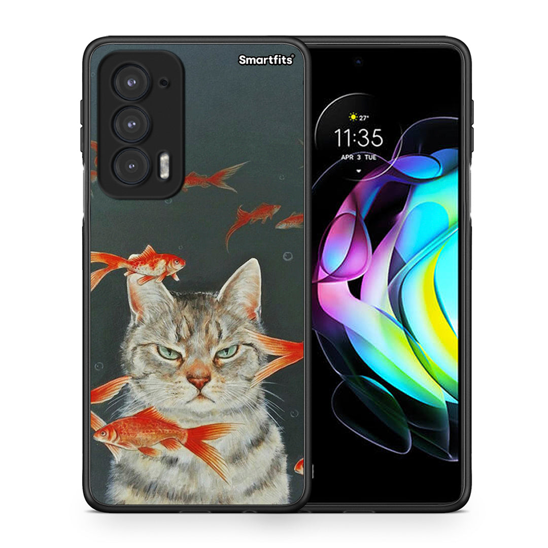 Θήκη Motorola Edge 20 5G Cat Goldfish από τη Smartfits με σχέδιο στο πίσω μέρος και μαύρο περίβλημα | Motorola Edge 20 5G Cat Goldfish case with colorful back and black bezels